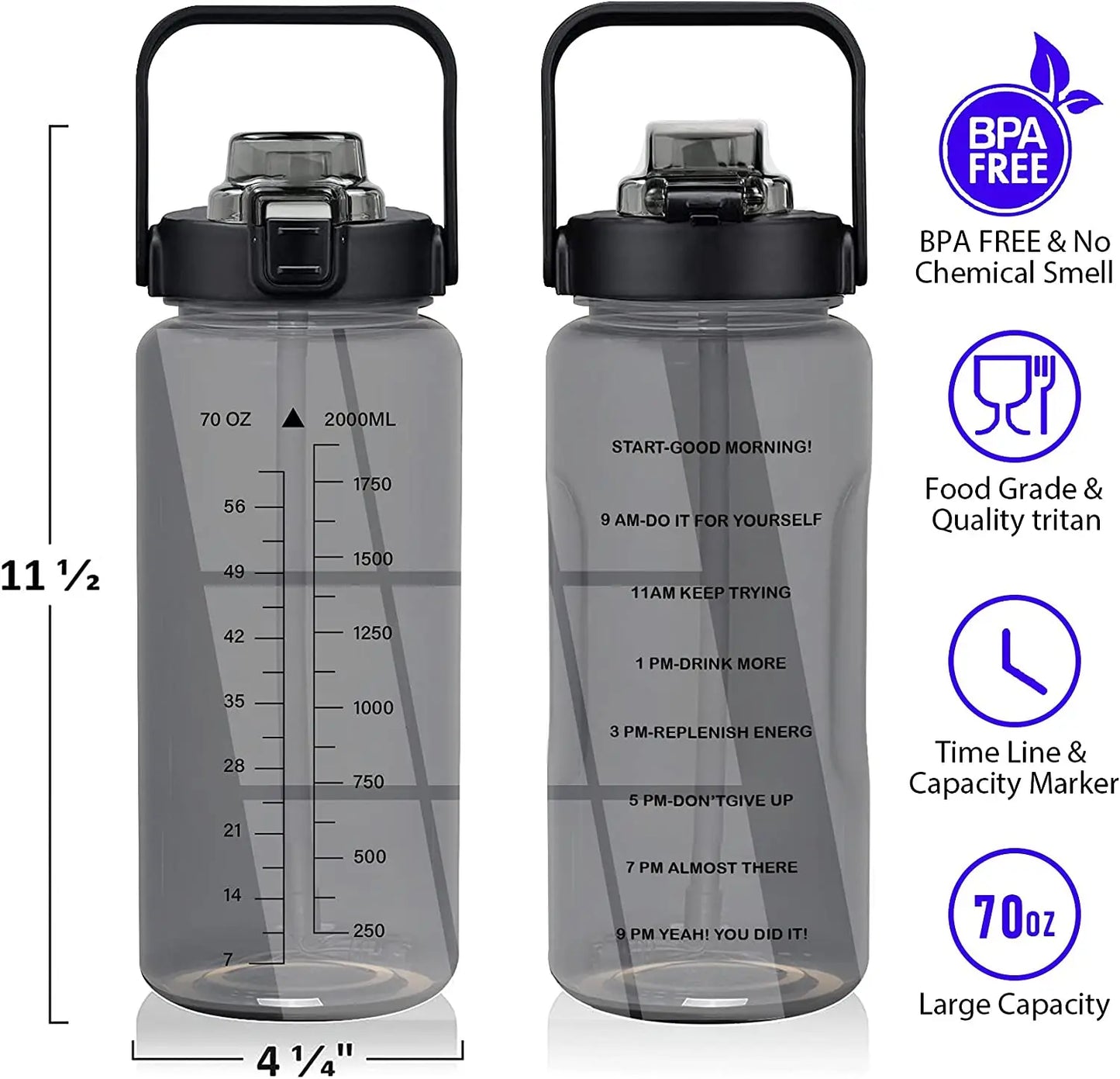 Half Gallon Water Bottle with Sleeve 64 OZ 2000ML Motivational